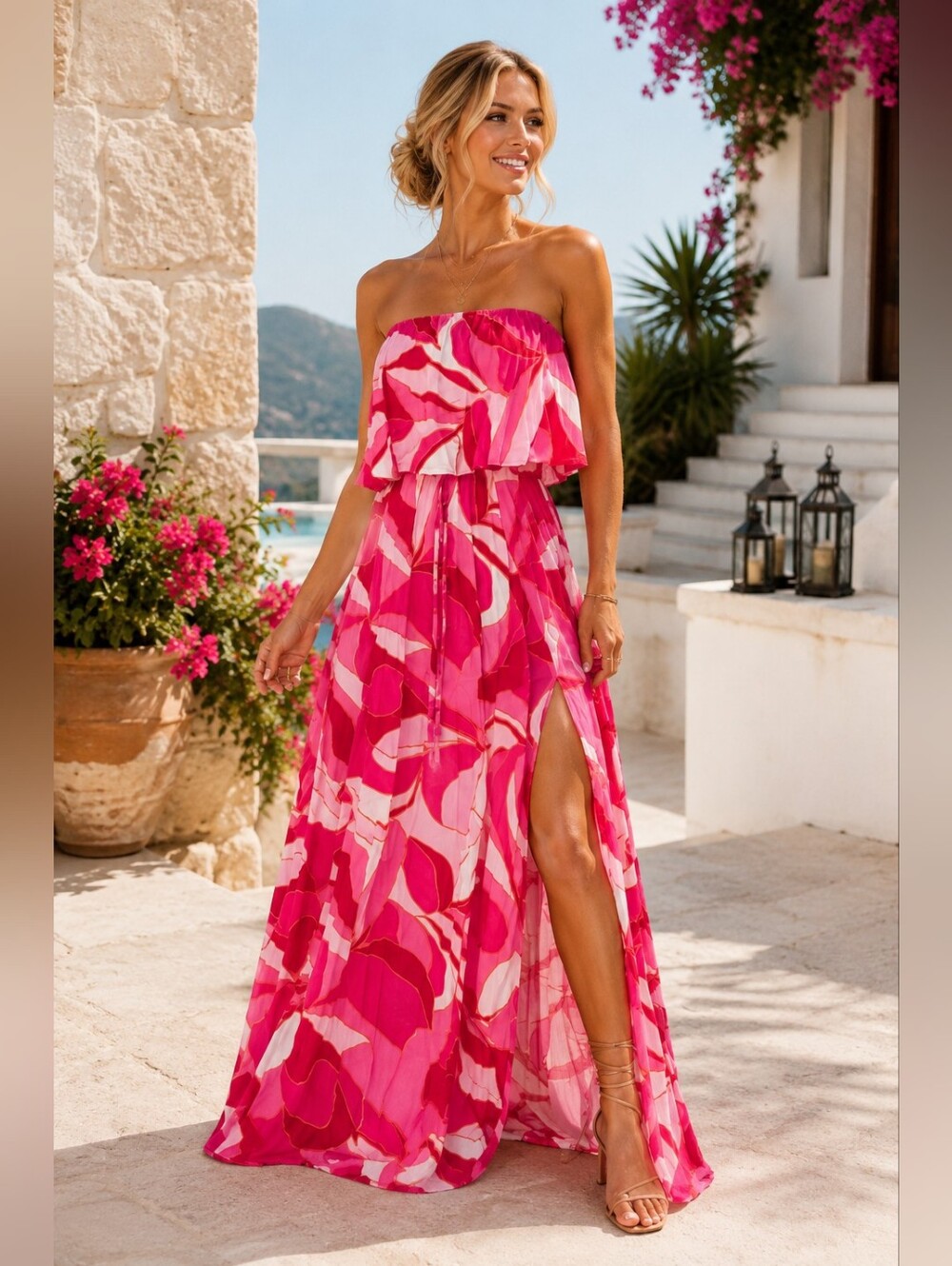 Japna Pink Floral Strapless Maxi Dress Size M | Resort Boho Vacation Dress